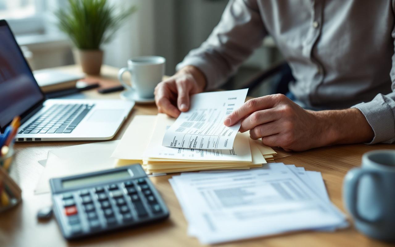 Un propriétaire trie des reçus et des factures dans des dossiers sur un bureau en bois, avec un ordinateur portable, une calculatrice et une tasse de café, éclairé par une douce lumière matinale volumétrique.