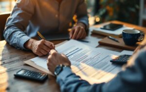 Personne assise à un bureau examinant des documents de location et des formulaires fiscaux, avec ordinateur portable, calculatrice et tasse de café, lumière chaude de coucher de soleil filtrant par la fenêtre, ambiance réaliste et professionnelle