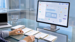Illustration lumineuse d’une agence web analysant une interface abstraite de réponse d’intelligence artificielle avec des repères de sources visuels, dans un environnement professionnel bleu et blanc.